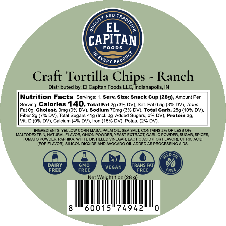 Mini Ranch Tortilla Chips – 1 oz Snack Cups, 4-Pack – Seed Oil-Free, Gluten-Free & Dairy-Free