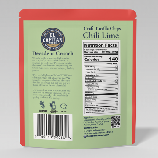 El Capitan Foods chili lime craft tortilla chips package with nutrition facts and ingredients