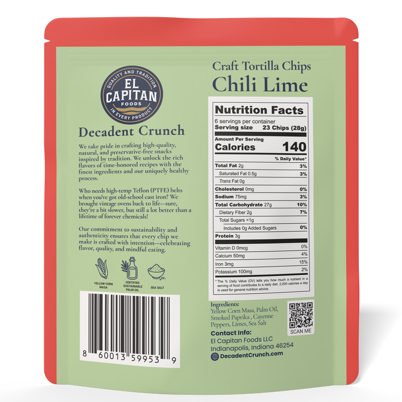 El Capitan Foods chili lime craft tortilla chips package featuring nutrition facts and product description