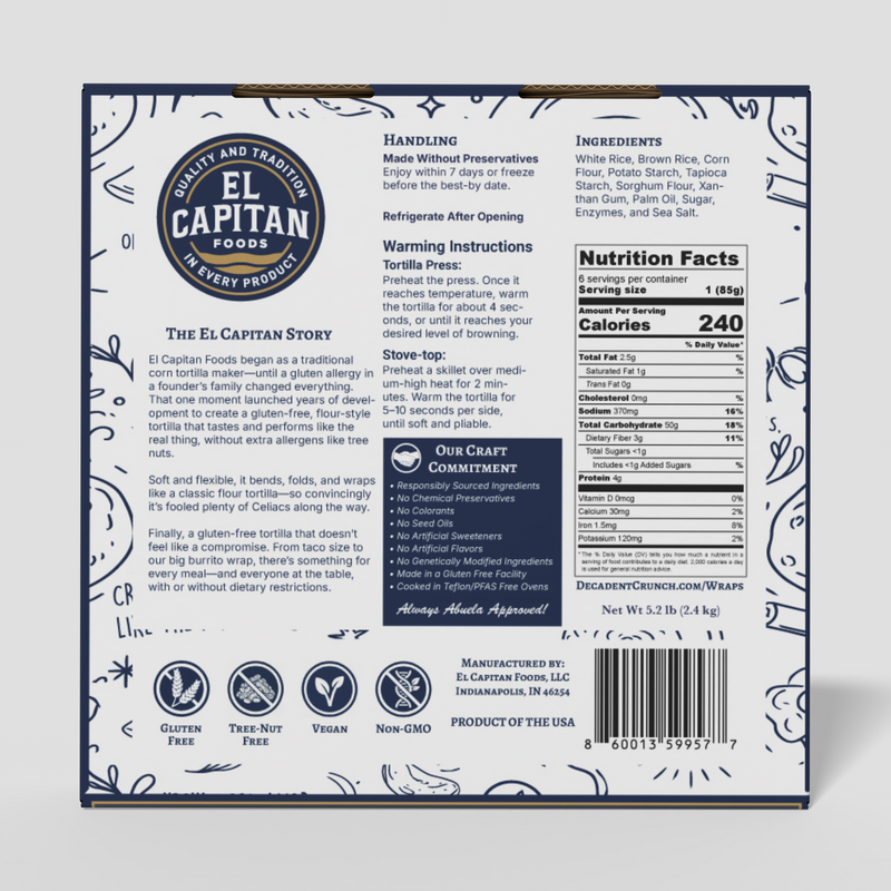 El Capitan Foods gluten free flour tortillas 10 inch package with nutritional info and handling instructions