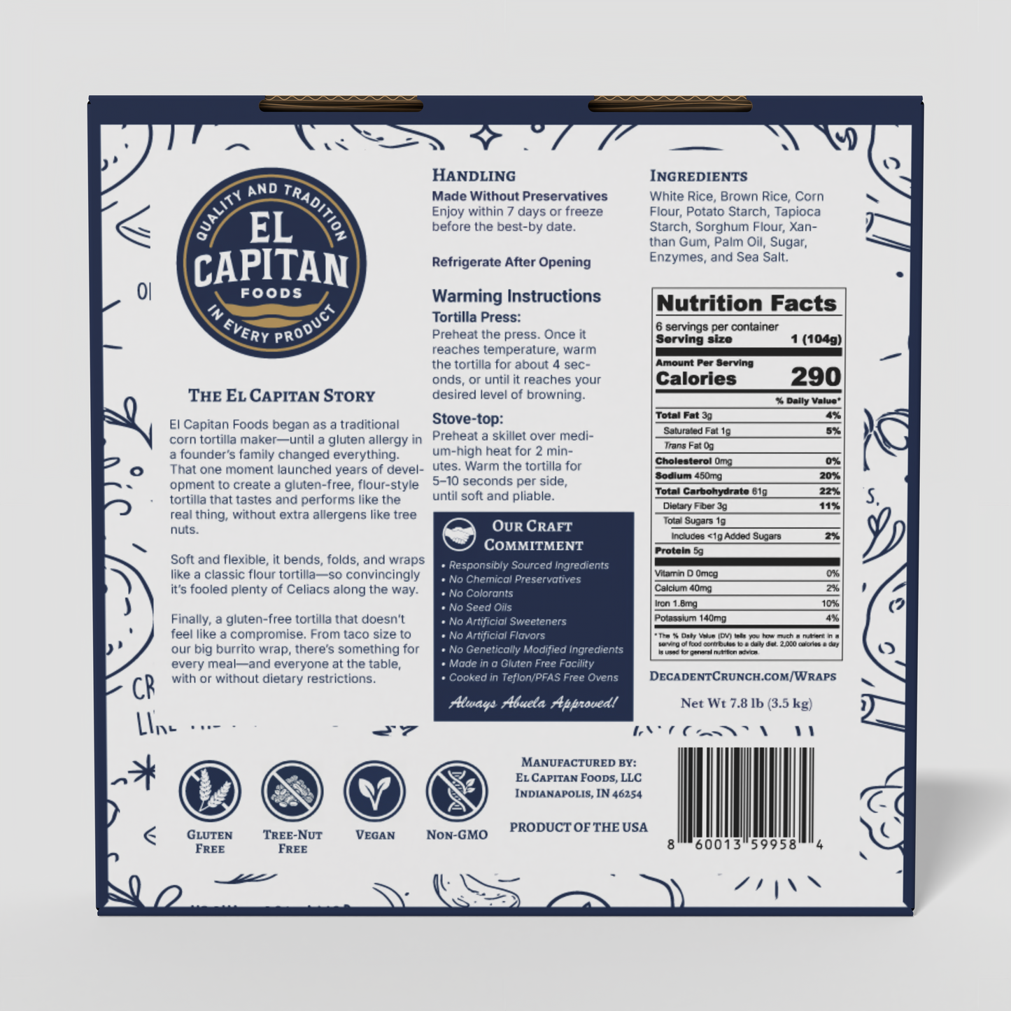 El Capitan Foods gluten free flour tortillas 12 inch package with nutrition facts and product details