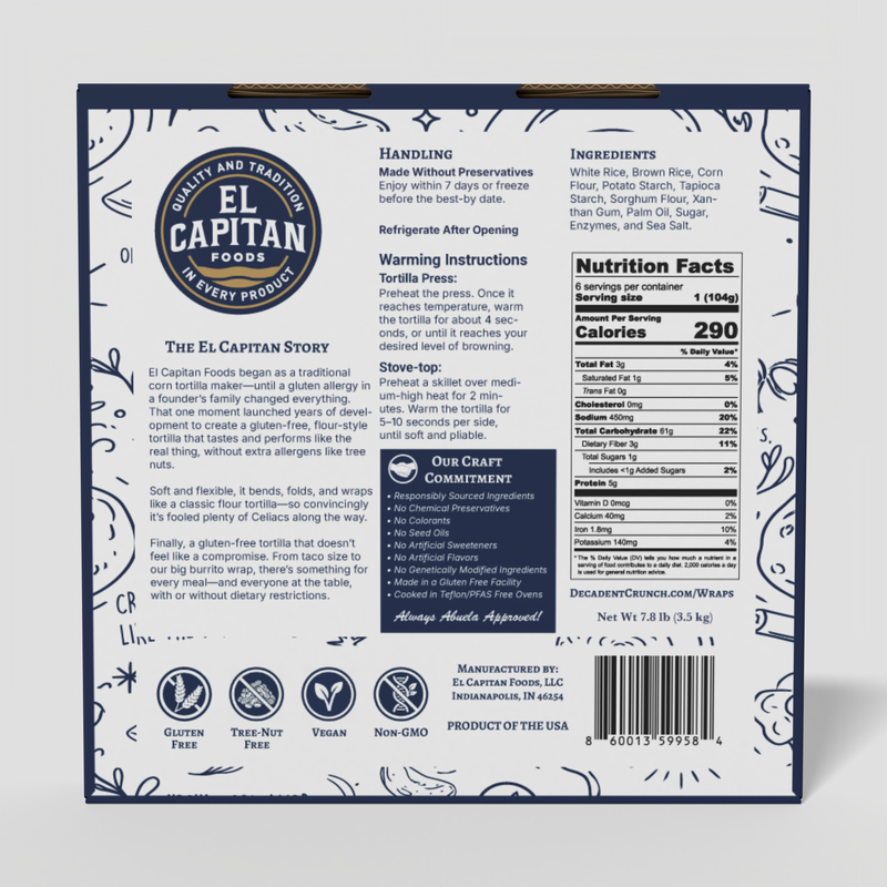 El Capitan Foods gluten free flour tortillas 12 inch package with nutrition facts and product details