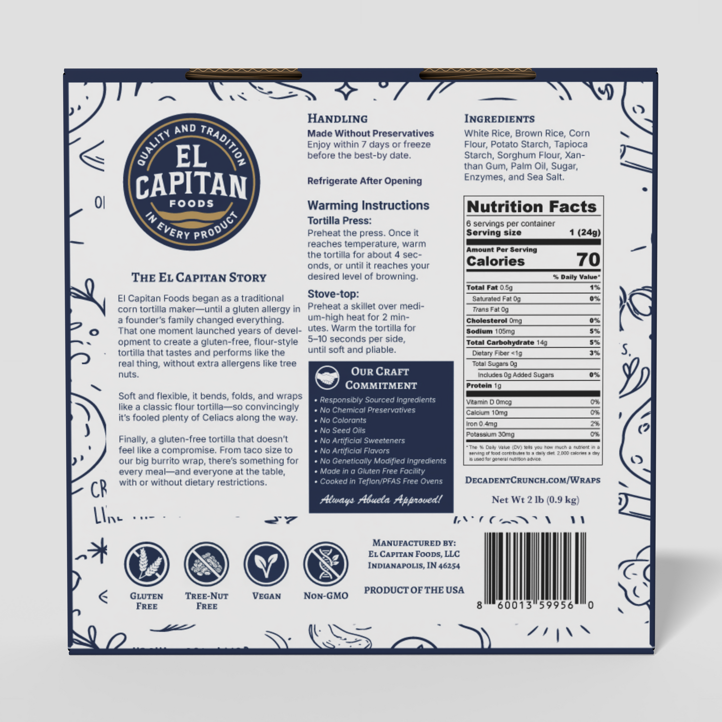 Back packaging of El Capitan Foods gluten free flour tortillas case with nutrition facts and handling instructions