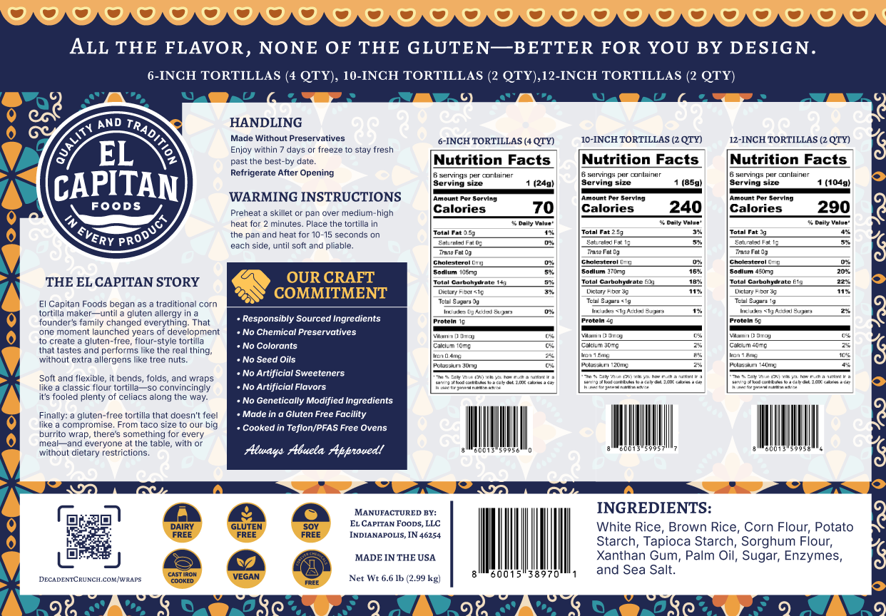 El Capitan Foods gluten free flour tortillas sampler with nutritional facts and ingredient details