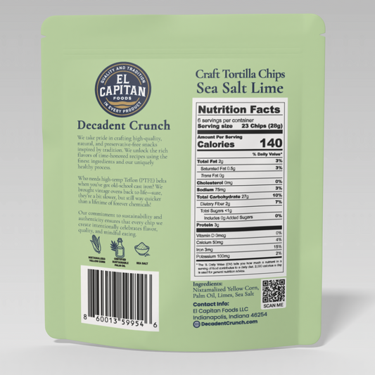 El Capitan Foods lime tortilla chips pack with sea salt flavor and nutrition facts on pale green packaging