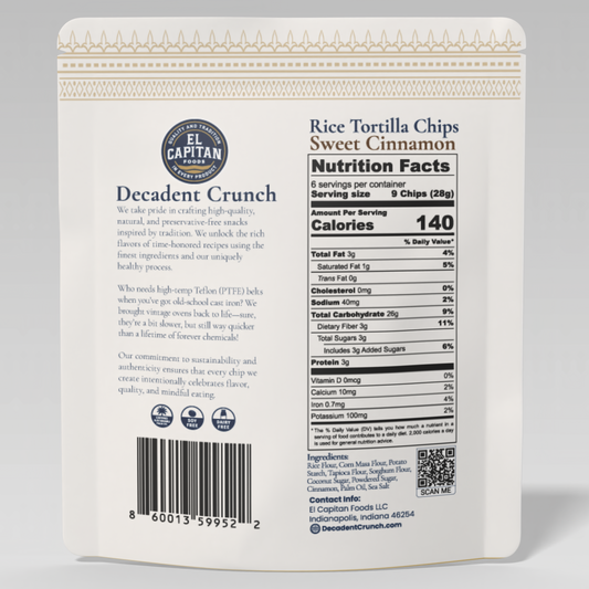 El Capitan Foods Sweet Cinnamon Rice Tortilla Chips nutrition facts and product description on white packaging