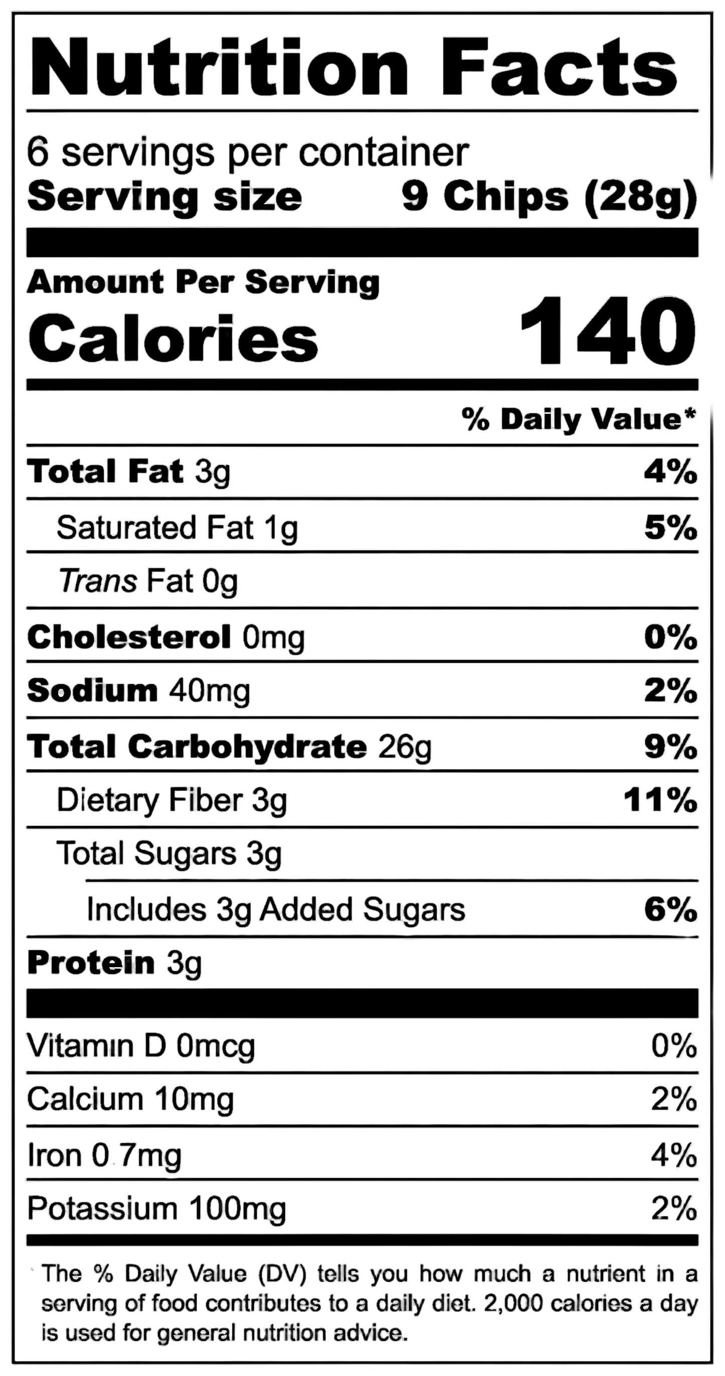 Nutrition facts label for sweet cinnamon rice tortilla chips by El Capitan Foods showing calories and serving size