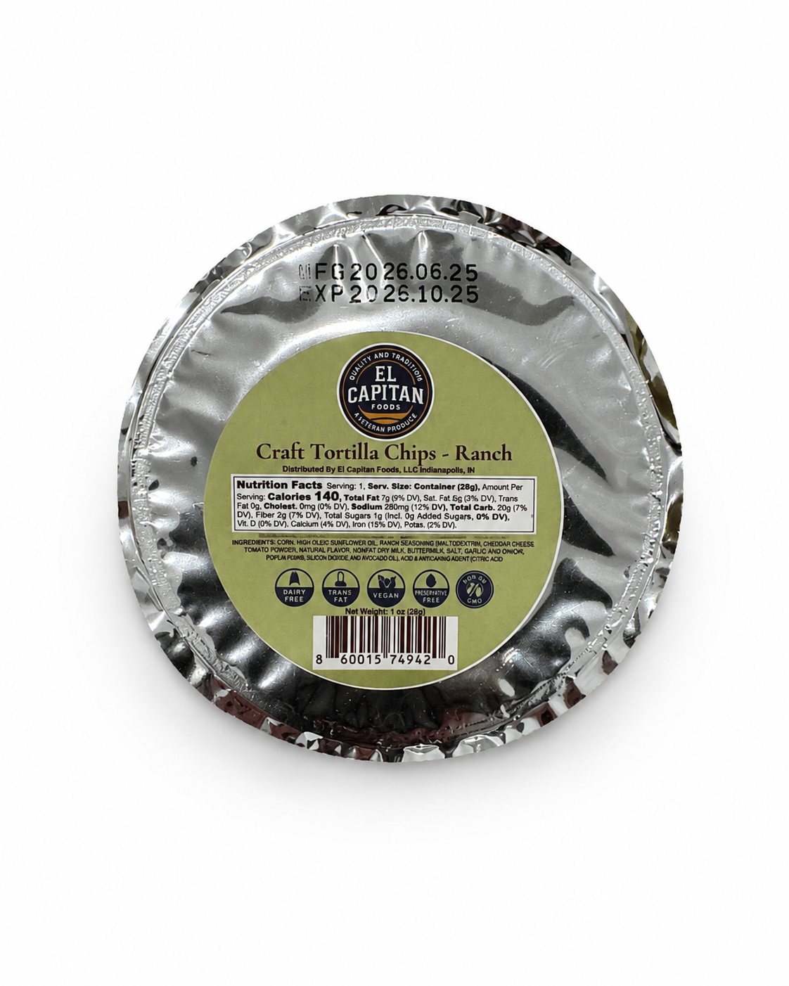 Mini Ranch Tortilla Chips – 1 oz Snack Cups, 4-Pack – Seed Oil-Free, Gluten-Free & Dairy-Free