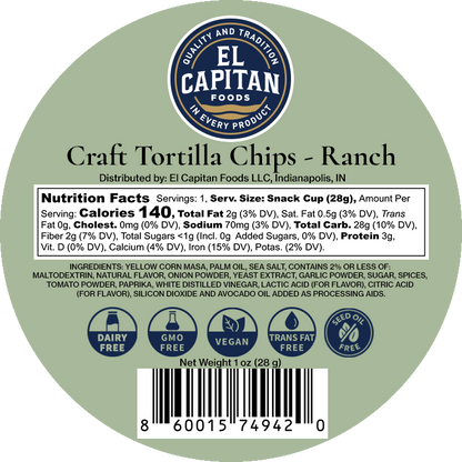 Mini Ranch Tortilla Chips – 1 oz Snack Cups, 4-Pack – Seed Oil-Free, Gluten-Free & Dairy-Free