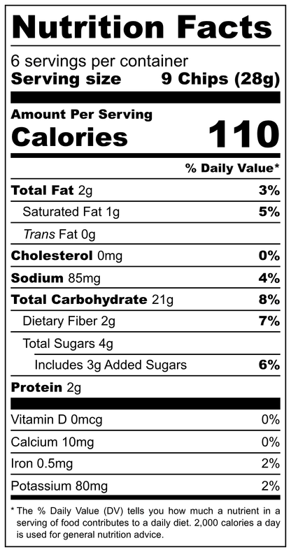 Nutrition facts label showing calories and nutrient values for El Capitan Foods decadent gluten free tortilla chips variety pack