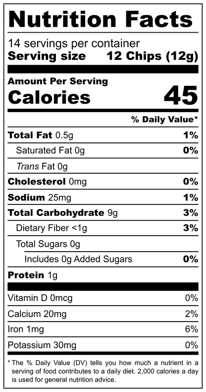 Nutrition facts label for El Capitan Foods decadent gluten free tortilla chips variety pack with 45 calories per serving
