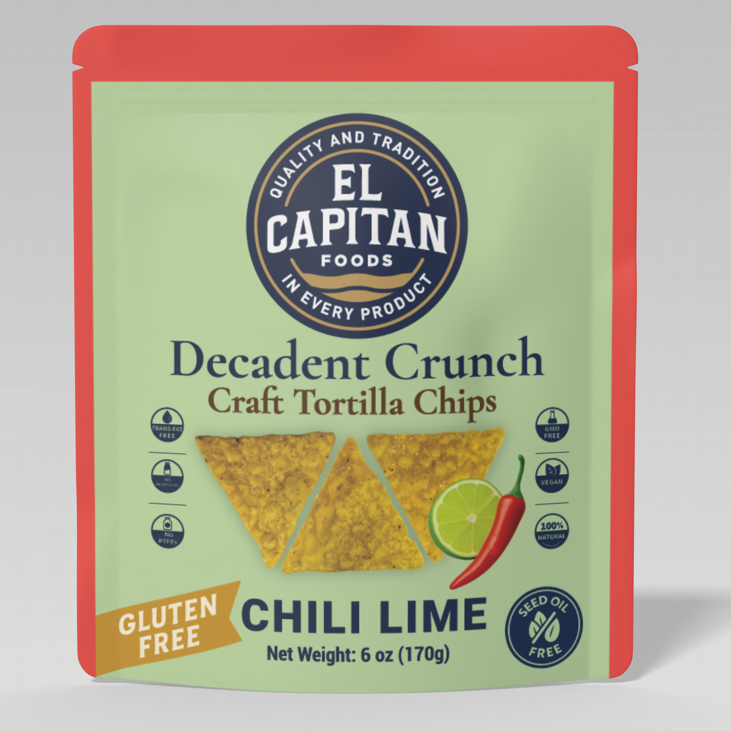 El Capitan Foods chili lime craft tortilla chips gluten free 6 oz bag with chili and lime illustration