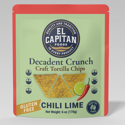 El Capitan Foods chili lime craft tortilla chips gluten free 6 oz bag with chili and lime illustration