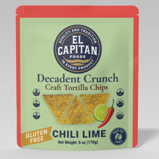 El Capitan Foods chili lime craft tortilla chips gluten free 6 oz bag with chili and lime illustration