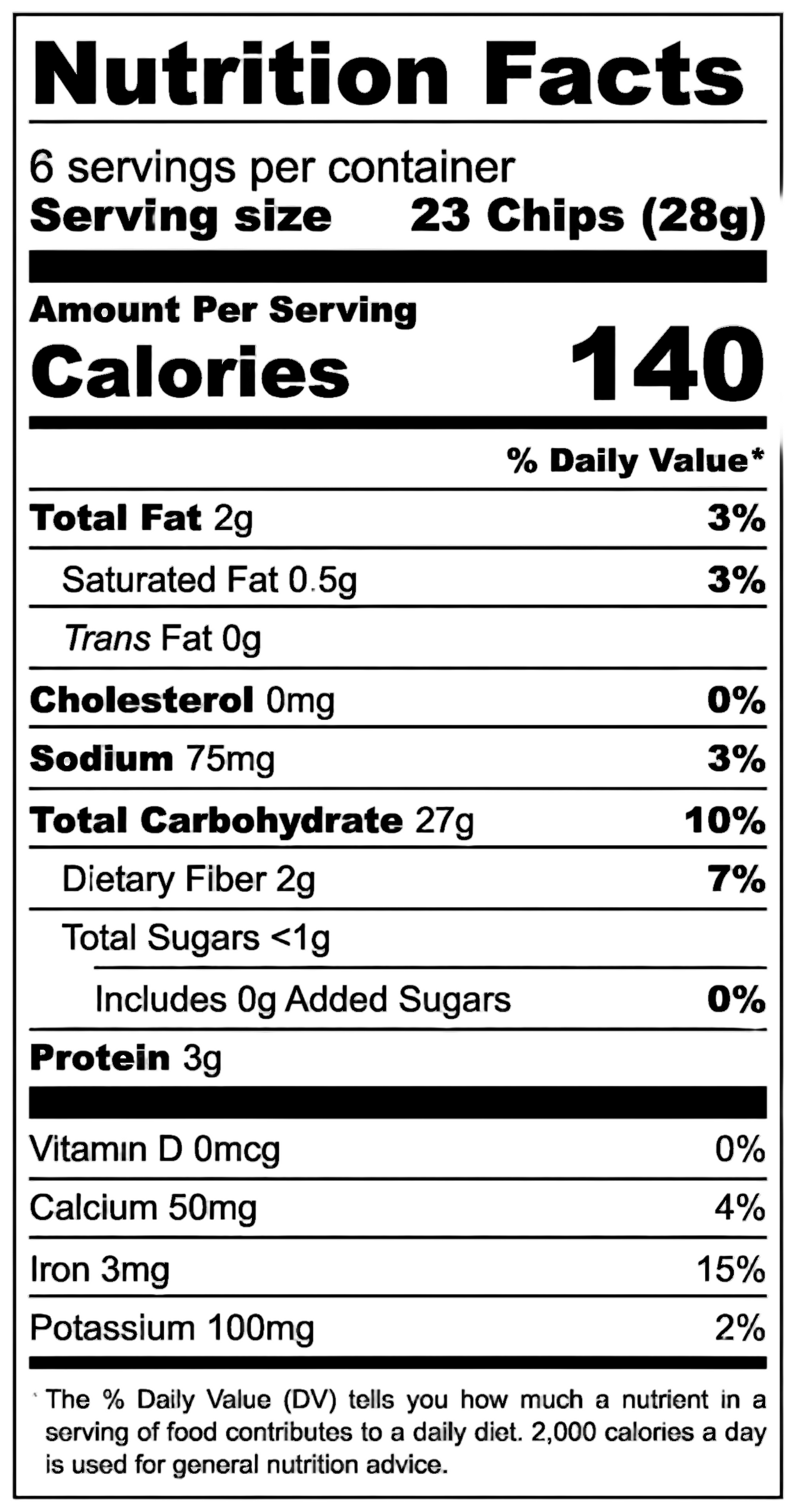 Nutrition facts label for chili lime craft tortilla chips showing 140 calories per serving and detailed nutrient information