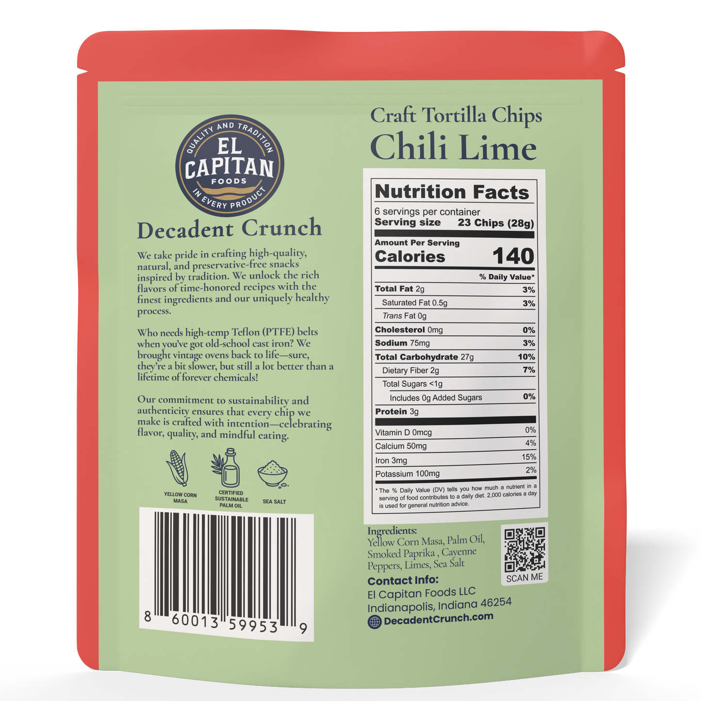 El Capitan Foods chili lime craft tortilla chips package featuring nutrition facts and product description