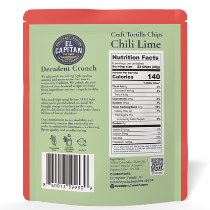 El Capitan Foods chili lime craft tortilla chips package featuring nutrition facts and product description