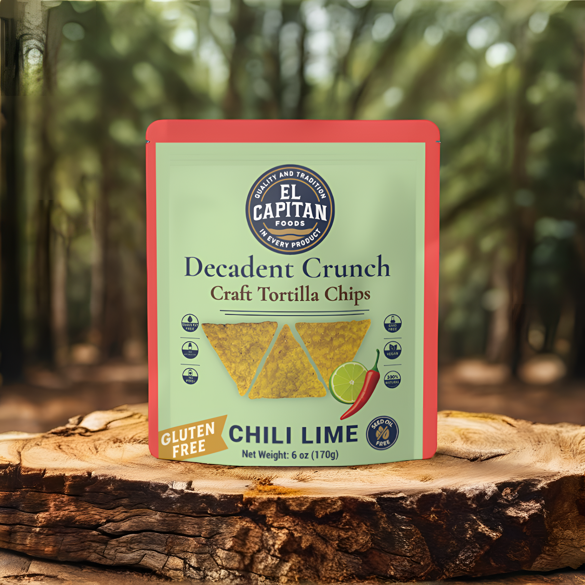 El Capitan Foods chili lime craft tortilla chips gluten free pack on wooden surface
