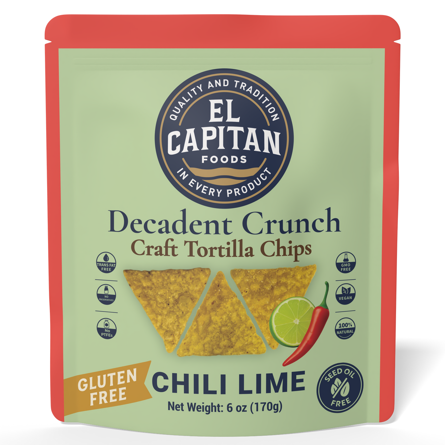 El Capitan Foods chili lime craft tortilla chips gluten free bag with chili pepper and lime image