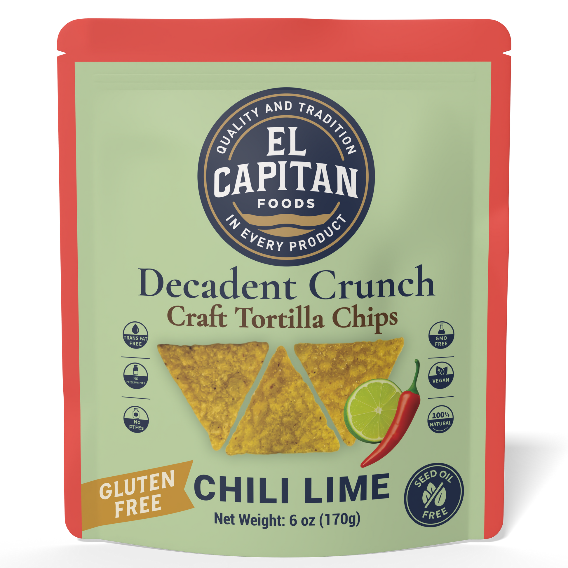 El Capitan Foods chili lime craft tortilla chips gluten free bag with chili pepper and lime image