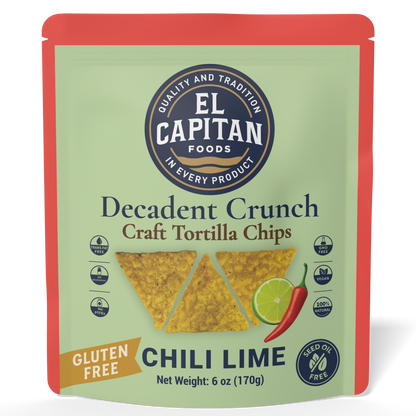 El Capitan Foods chili lime craft tortilla chips gluten free bag with chili pepper and lime image