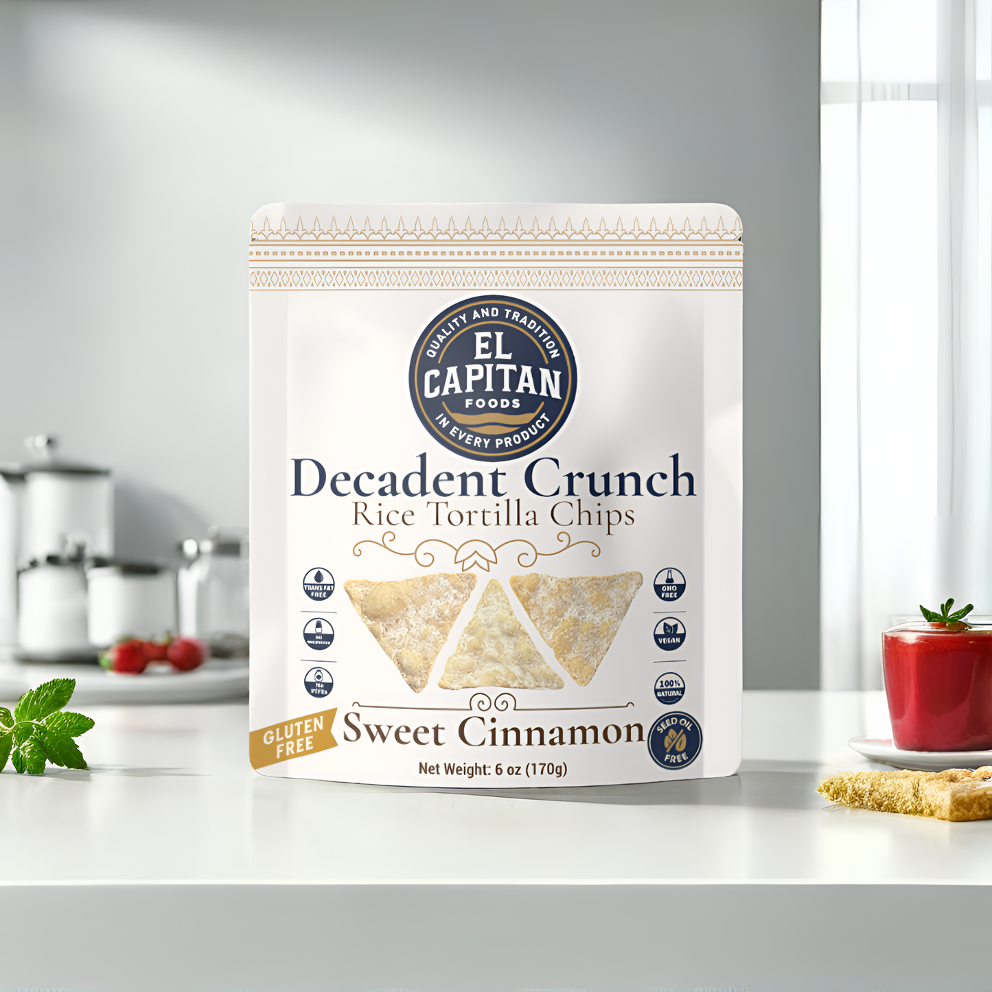El Capitan Foods decadent gluten free tortilla chips variety pack featuring sweet cinnamon rice tortilla chips