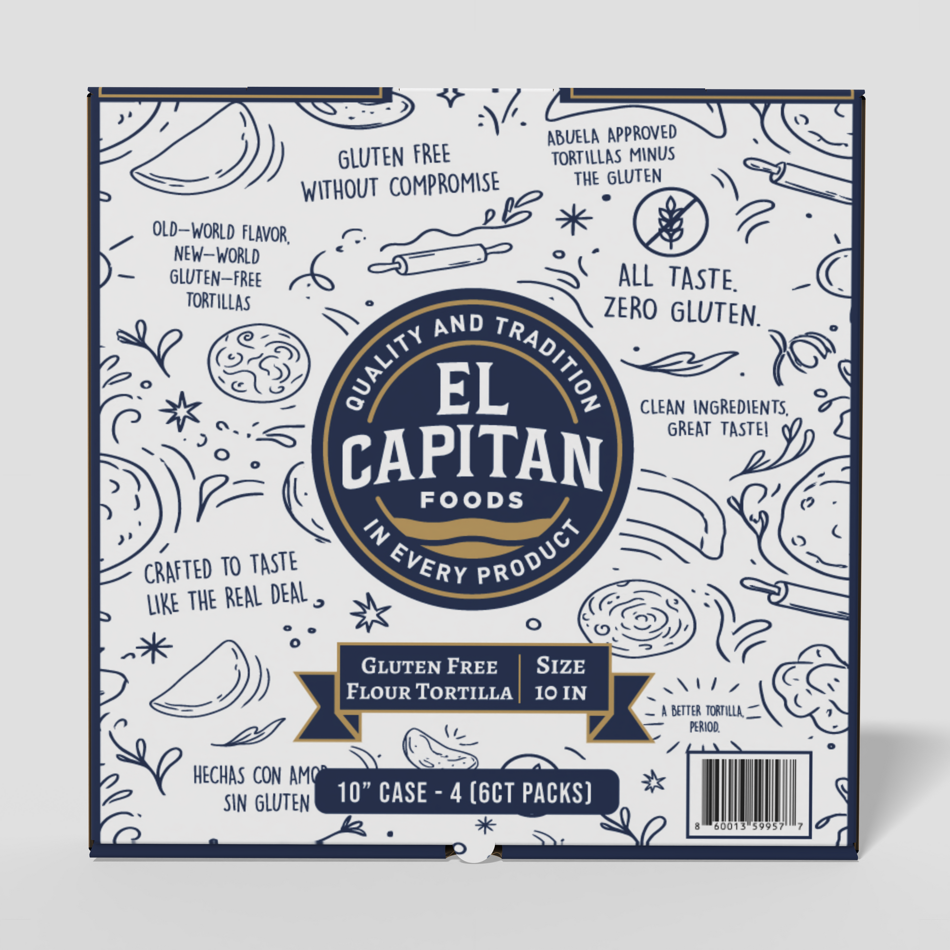 El Capitan Foods gluten free flour tortillas 10 inch package with traditional design and product details