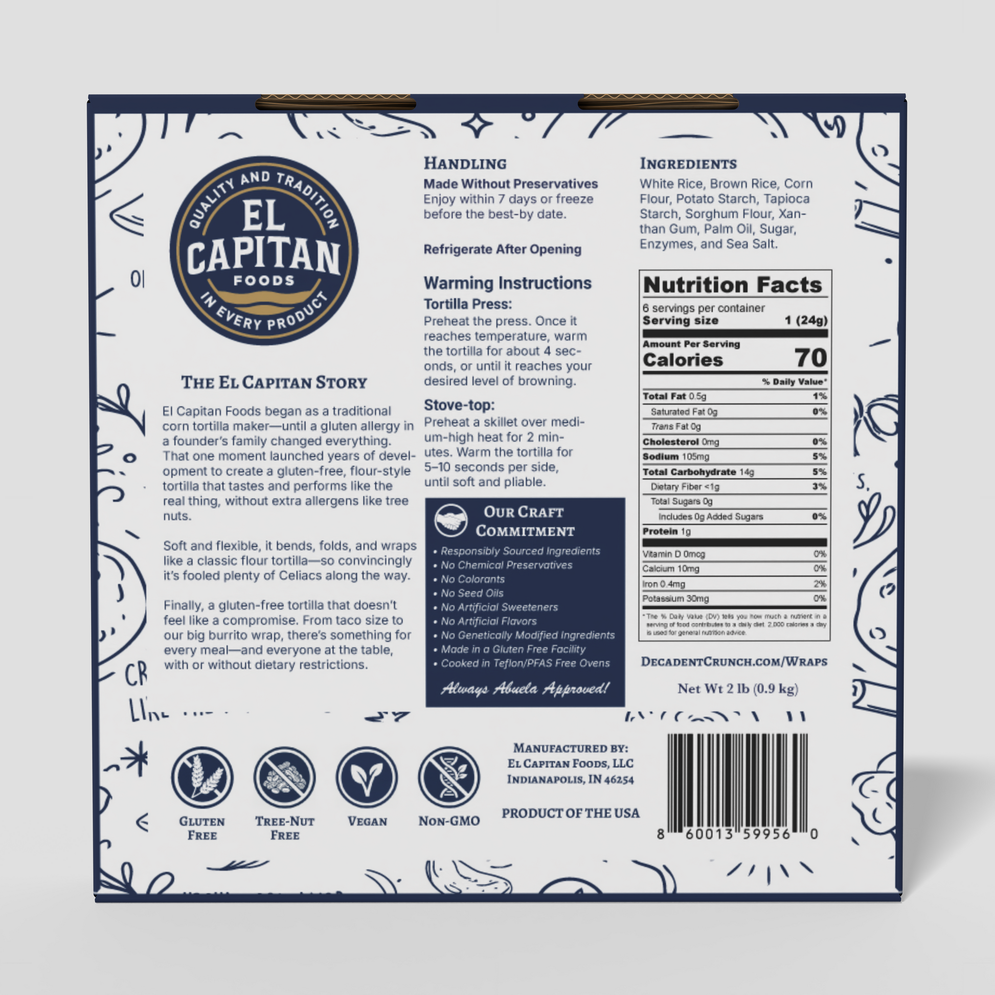 Back packaging of El Capitan Foods gluten free flour tortillas case with nutrition facts and handling instructions