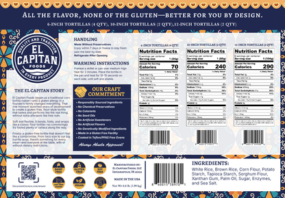 El Capitan Foods gluten free flour tortillas sampler with nutritional facts and ingredient details