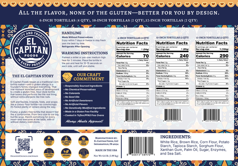 El Capitan Foods gluten free flour tortillas sampler with nutritional facts and ingredient details