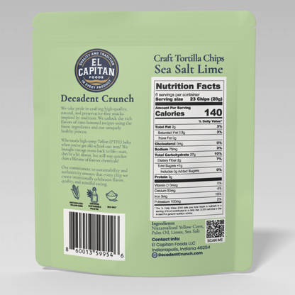 El Capitan Foods lime tortilla chips pack with sea salt flavor and nutrition facts on pale green packaging