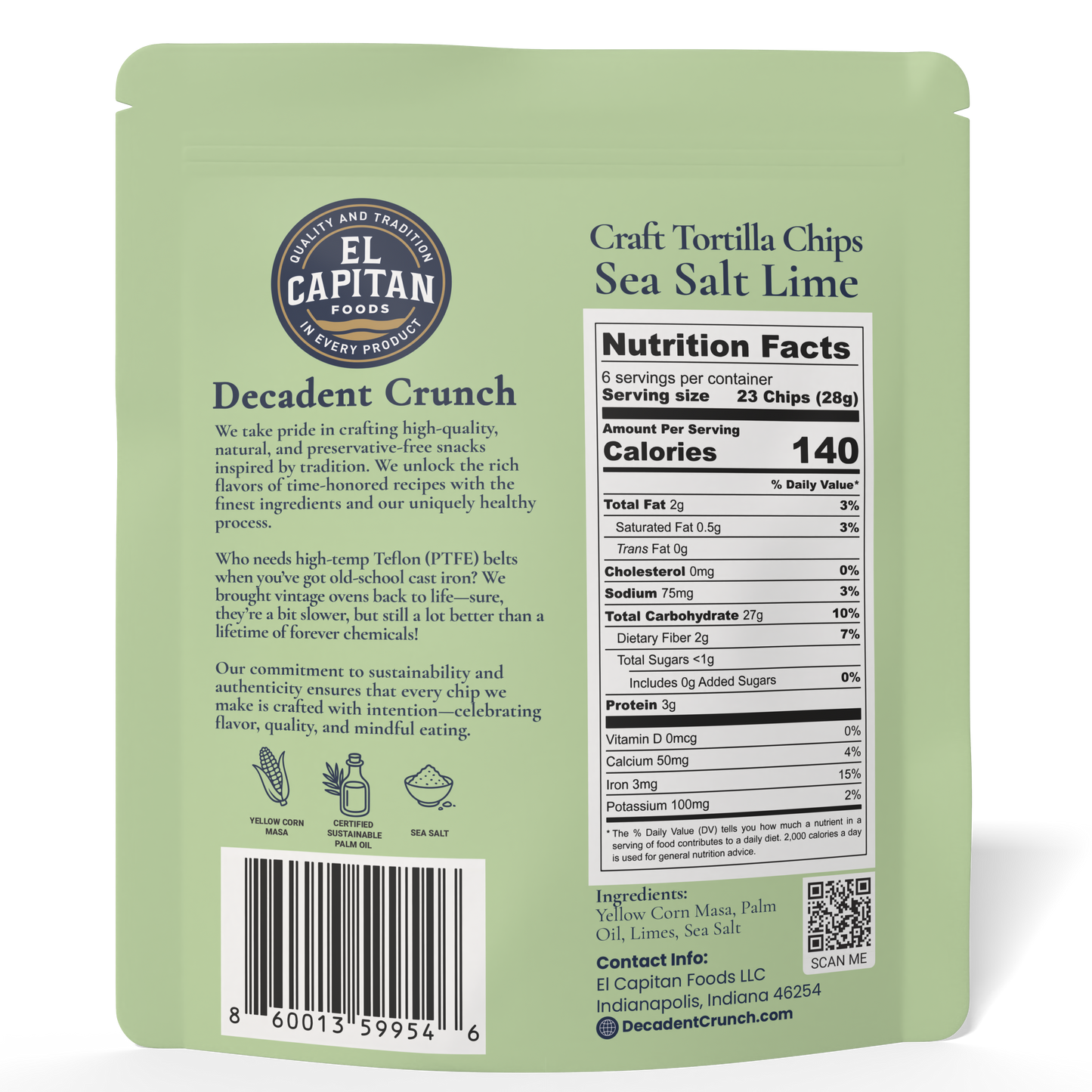 El Capitan Foods Decadent Crunch lime tortilla chips with sea salt nutrition facts and ingredients