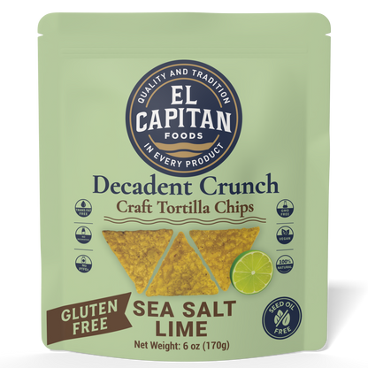 El Capitan Foods Decadent Crunch lime tortilla chips sea salt gluten free snack bag