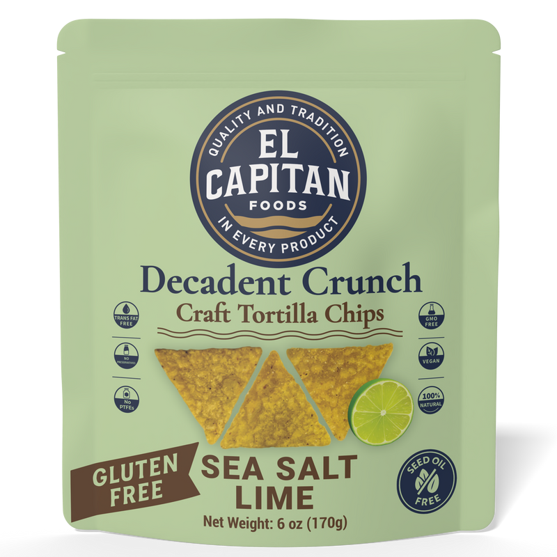 El Capitan Foods Decadent Crunch lime tortilla chips sea salt gluten free snack bag