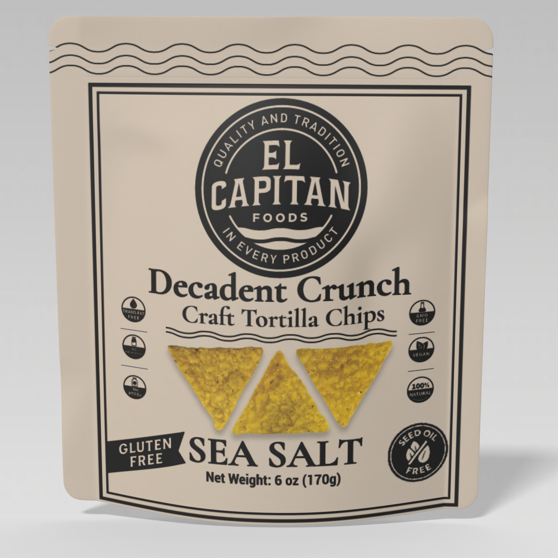El Capitan Foods sea salt craft tortilla chips bag with gluten free and seed oil free labels