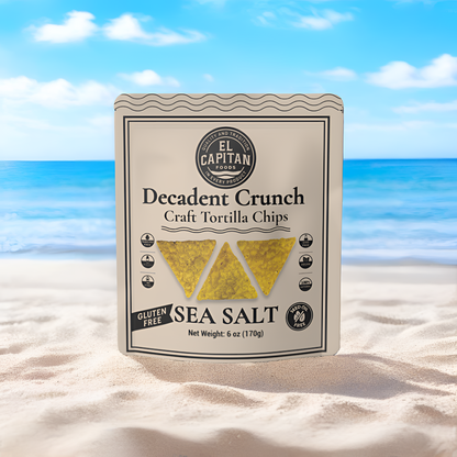 El Capitan Foods decadent gluten free tortilla chips variety pack sea salt flavor bag on sandy beach