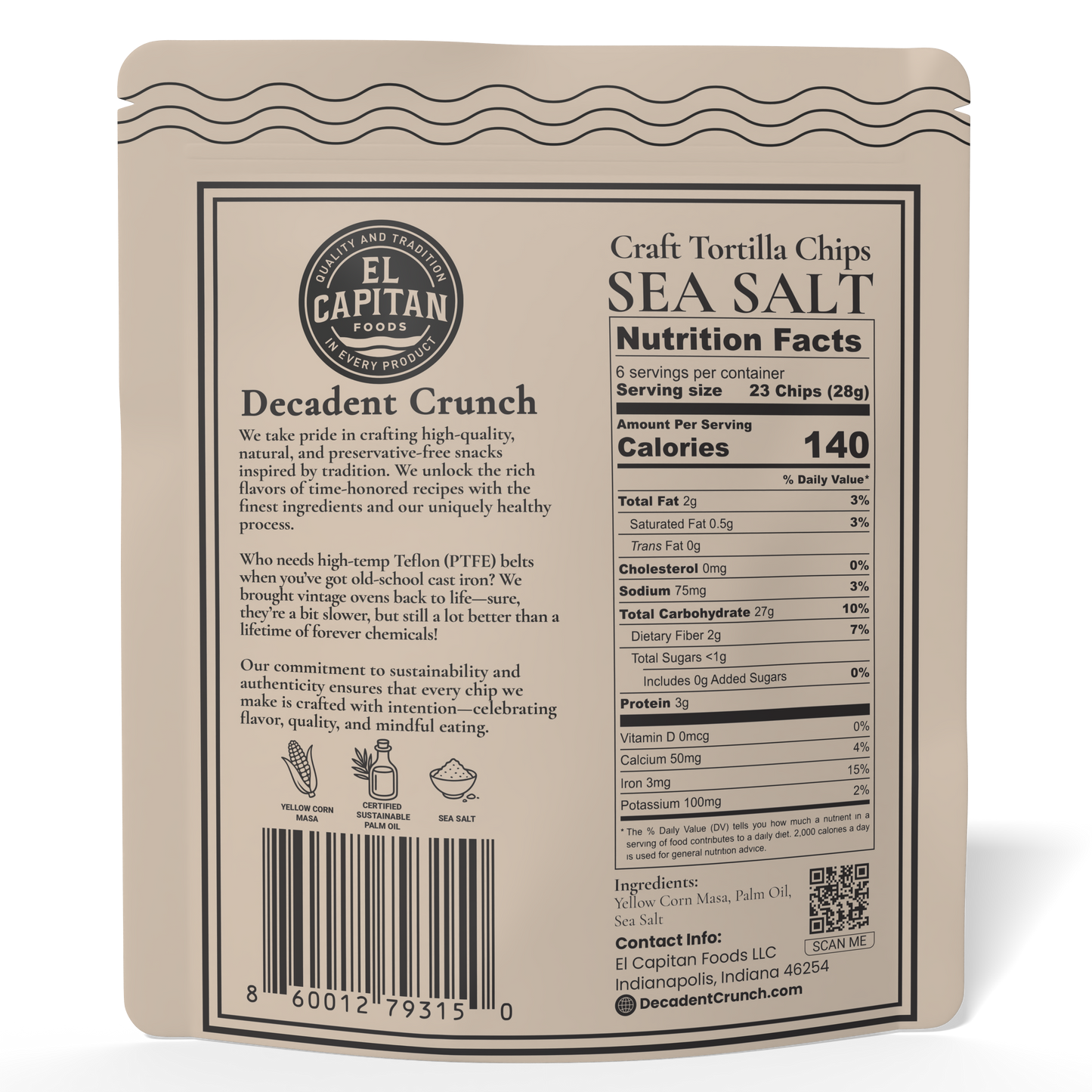 El Capitan Foods Sea Salt Craft Tortilla Chips bag with nutrition facts and product description