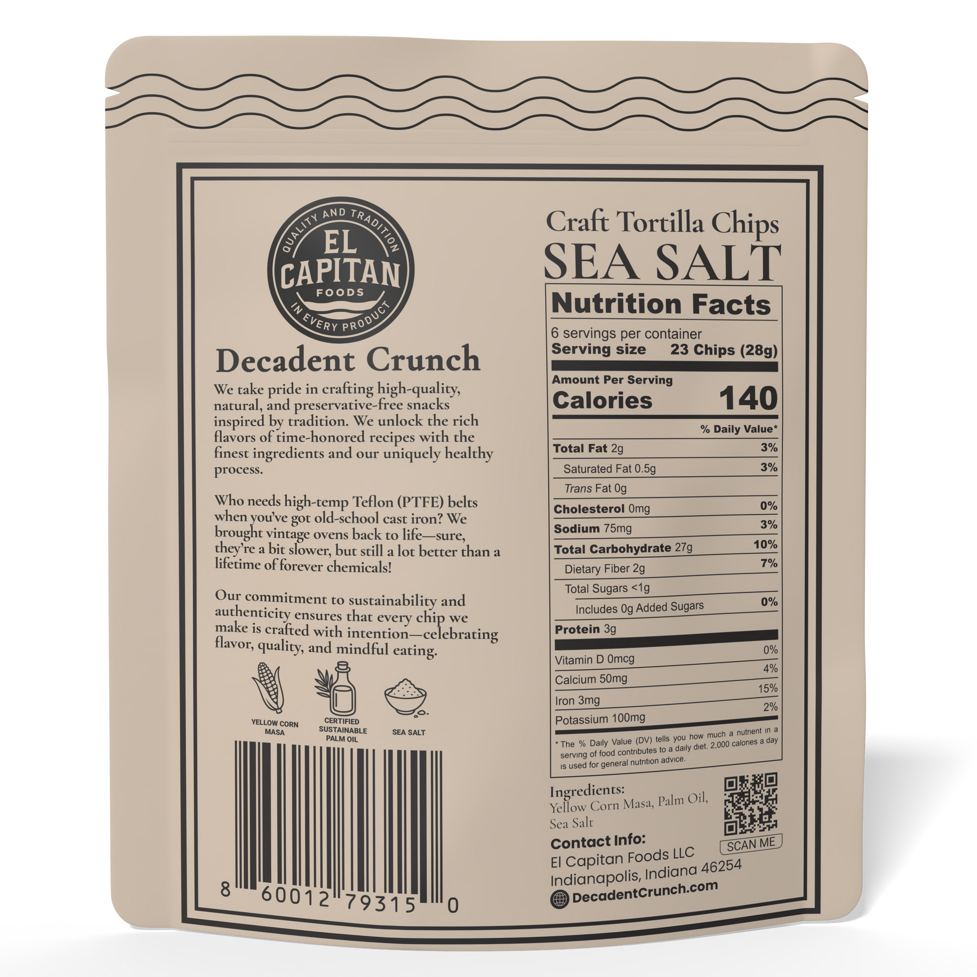 El Capitan Foods Sea Salt Craft Tortilla Chips bag with nutrition facts and product description