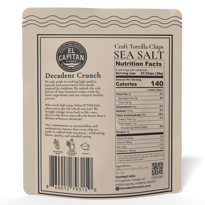 El Capitan Foods Sea Salt Craft Tortilla Chips bag with nutrition facts and product description