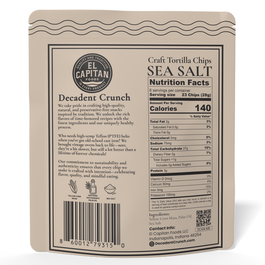 El Capitan Foods Sea Salt Craft Tortilla Chips bag with nutrition facts and product description