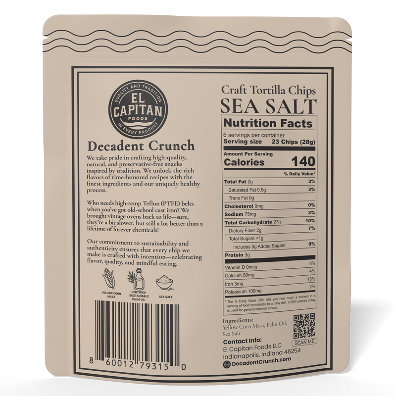 El Capitan Foods Sea Salt Craft Tortilla Chips bag with nutrition facts and product description