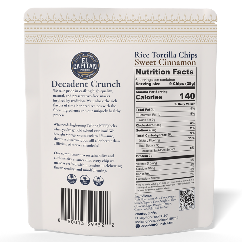 El Capitan Foods sweet cinnamon rice tortilla chips nutrition facts and product details on white packaging