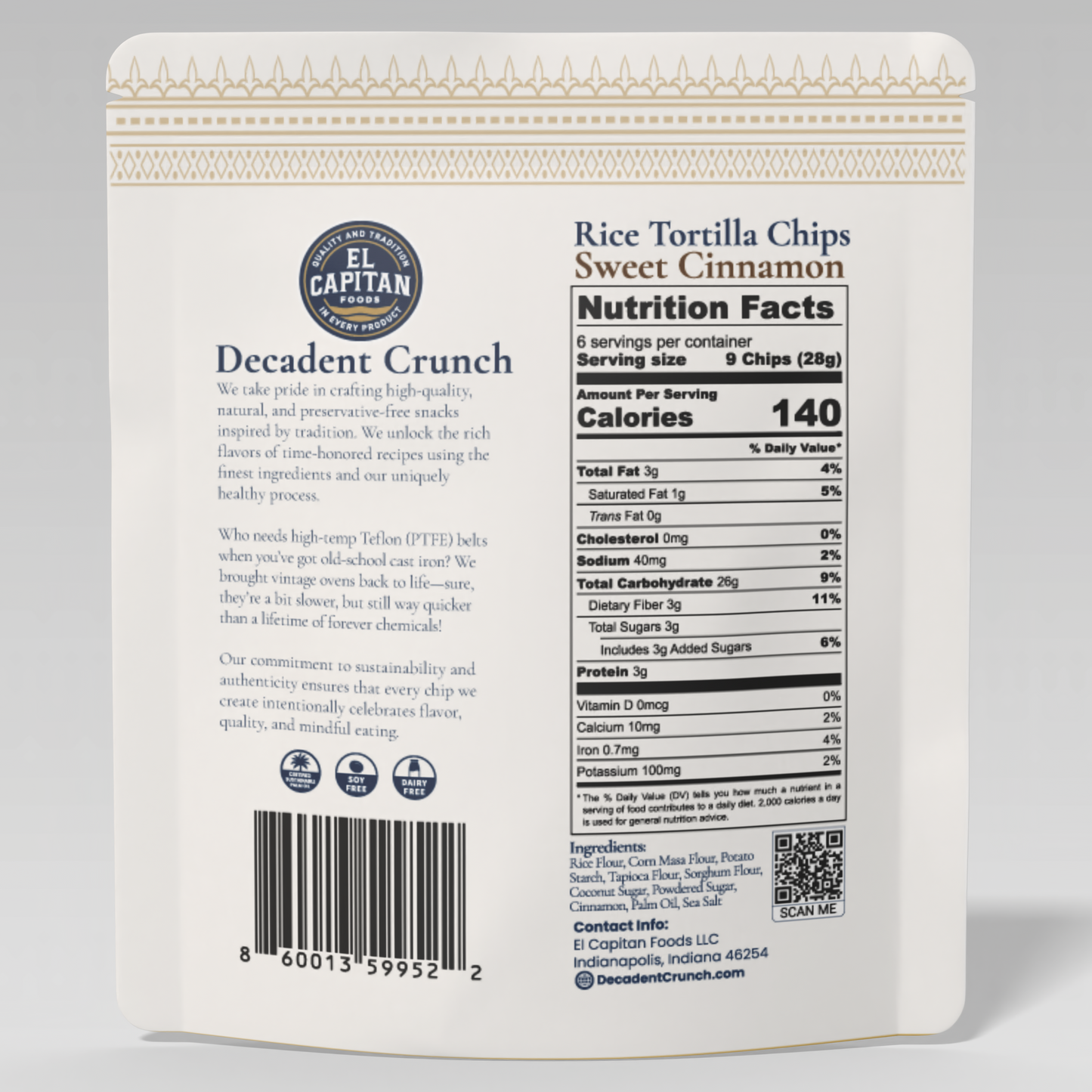 El Capitan Foods Sweet Cinnamon Rice Tortilla Chips nutrition facts and product description on white packaging