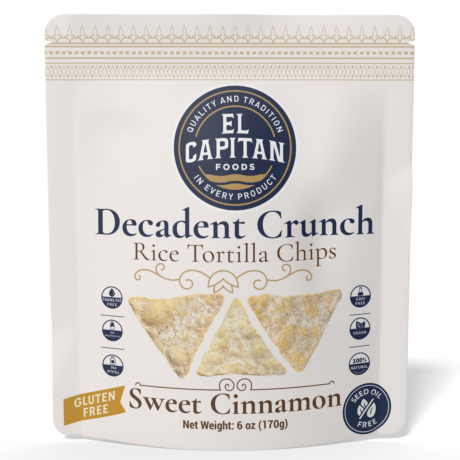 El Capitan Foods Decadent Crunch sweet cinnamon rice tortilla chips gluten free vegan 6 oz bag